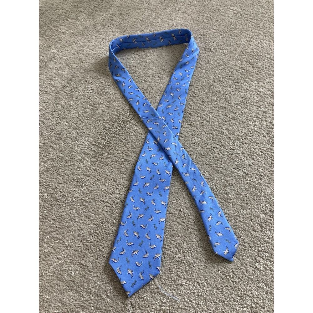 Bird Dog Bay Silk Tie Blue Shark and Swimmer Print Men's Designer